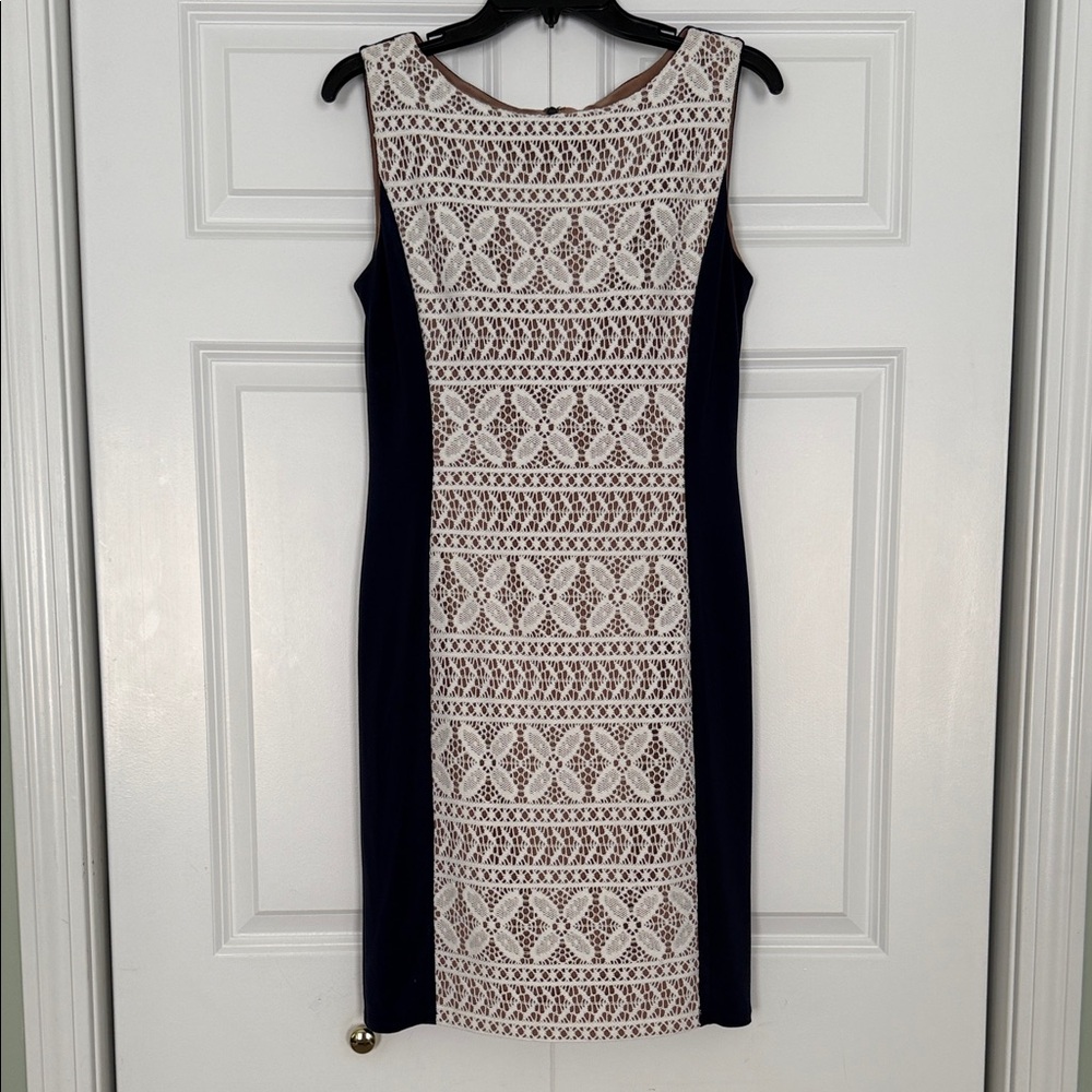 Anne Klein Navy and Cream Patterned Midi Dress